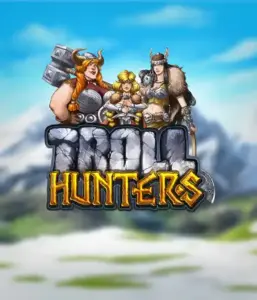 Изображение слота "Troll Hunters" от Play'N Go, на котором представлены три воина-викинга: две женщины и один мужчина, облаченные в традиционные викингские доспехи. За их спинами виднеются заснеженные горы, что добавляет атмосферу скандинавской мифологии. Этот слот идеален для любителей скандинавской культуры и поисков приключений.